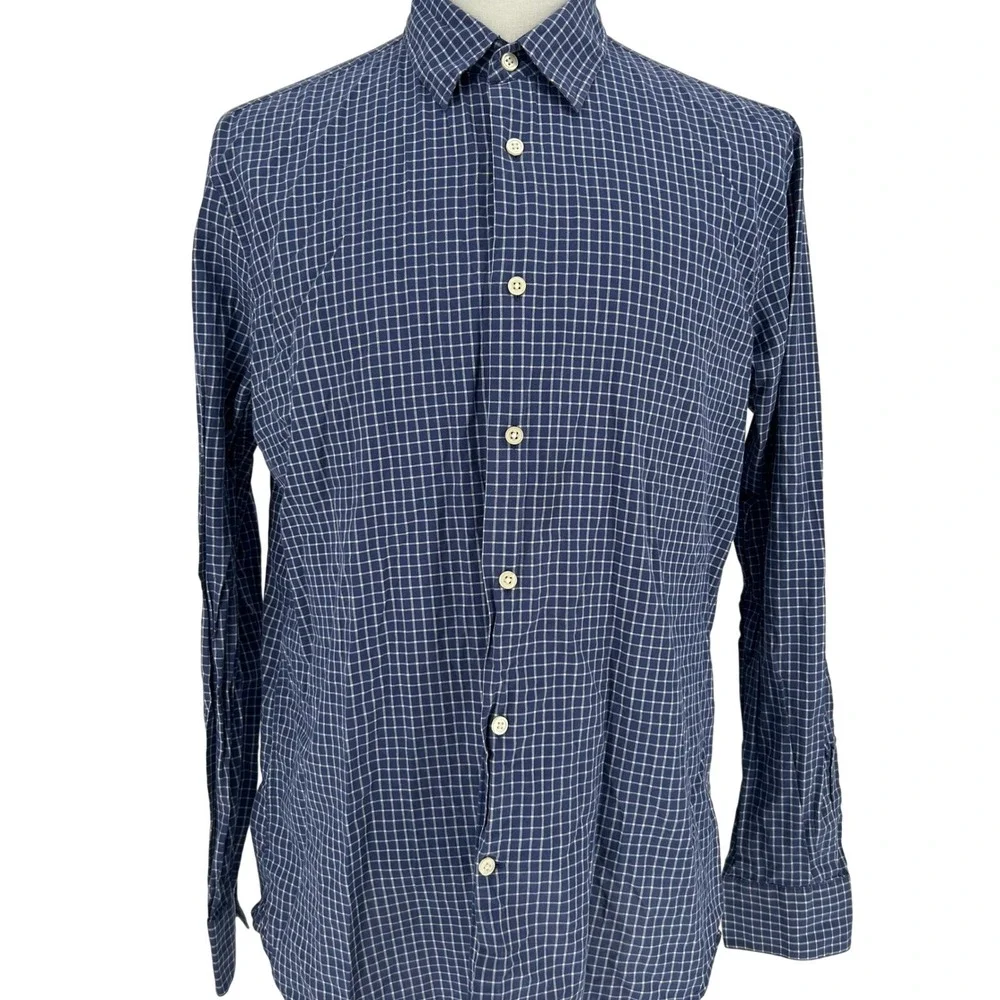 Mens Blue Check Cotton Long Sleeve Button Up Collared Dress Shirt L Workwear - Picture 1 of 7